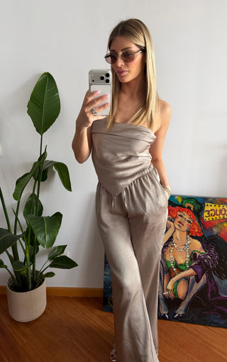 Set top e pantaloni raso ( panna,marrone,beige)