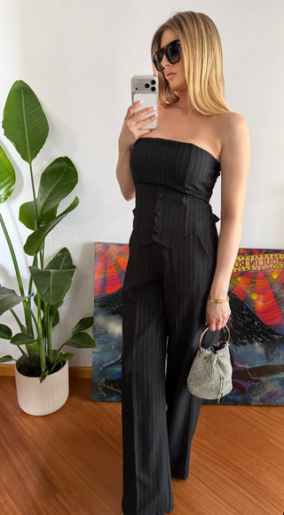 Completo top e pantaloni gessato (bianco,nero)