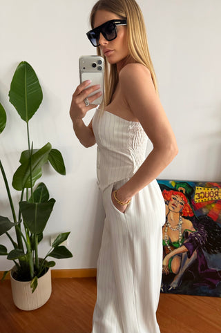 Completo top e pantaloni gessato (bianco,nero)