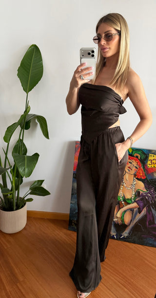 Set top e pantaloni raso ( panna,marrone,beige)